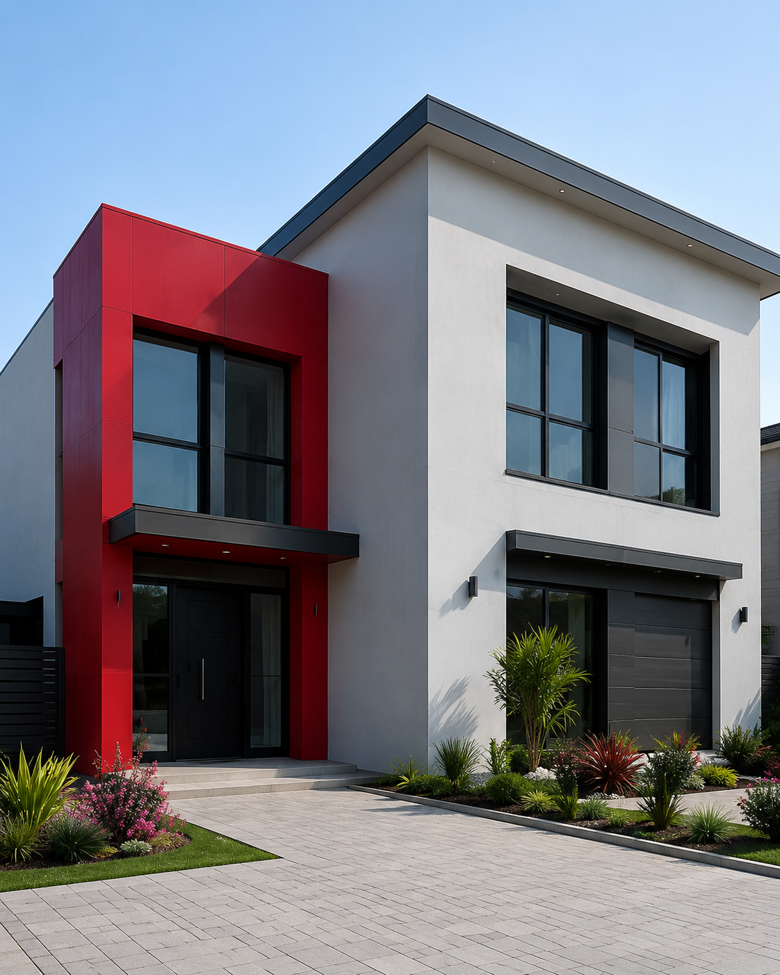 Modern home exterior finished in Nash-inspired red, white and charcoal colours
