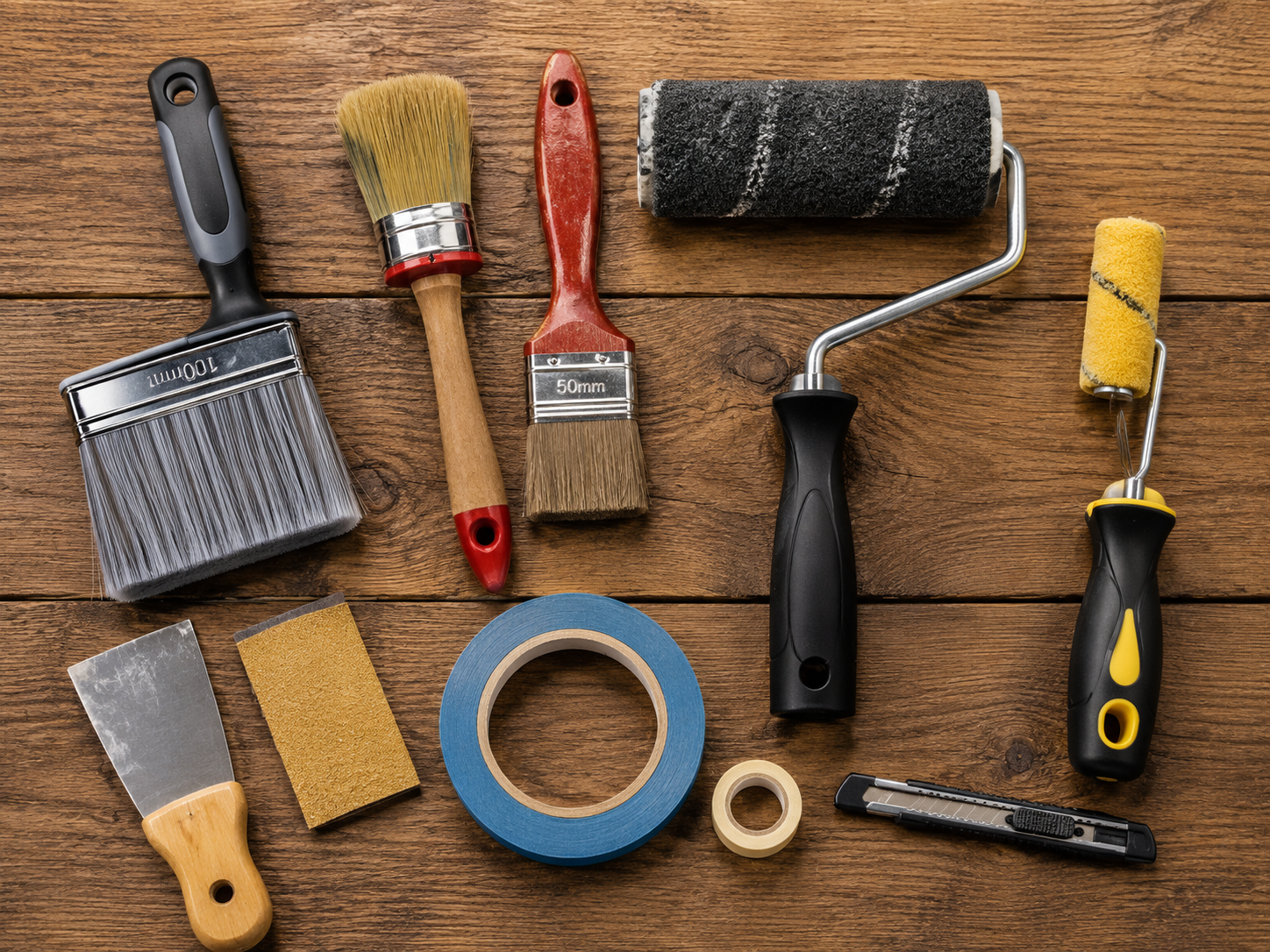 Painting tools and accessories on a wooden surface